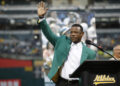 OAKLAND, CA - SEPTEMBER 5: Rickey Henderson addresses the crowd during a pregame ceremony introducing the first members of the Oakland Athletics Hall of Fame prior to the game between the Athletics and the New York Yankees on September 5, 2018 in Oakland, California. The Athletics defeated the Yankees 8-2. (Photo by Michael Zagaris/Oakland Athletics/Getty Images)