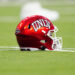 LAS VEGAS, NEVADA - SEPTEMBER 30: A UNLV Rebels helmet sits on the field during the second half of a game between the UNLV Rebels and the Hawaii Warriors at Allegiant Stadium on September 30, 2023 in Las Vegas, Nevada. Rebels defeat the Warriors 44-20. (Photo by Louis Grasse/Getty Images)