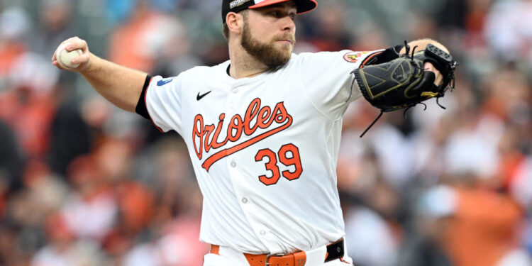 BALTIMORE, MARYLAND - OCTOBER 01: Corbin Burnes #39 of the Baltimore Orioles pitches the ball against the Kansas City Royals during the second inning of Game One of the Wild Card Series at Oriole Park at Camden Yards on October 01, 2024 in Baltimore, Maryland. (Photo by Greg Fiume/Getty Images)