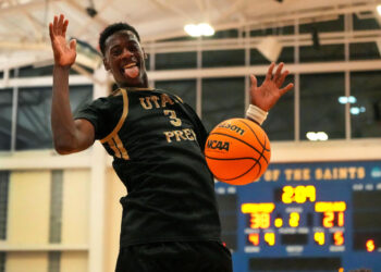 Boston, MA - November 6: Utah Prep's A.J. Dybantsa said that BYU's NBA-influenced coaching staff played a big part in his decision to commit to the Cougars. (Photo by Barry Chin/The Boston Globe via Getty Images)