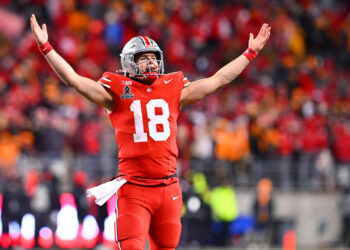 Ohio State's Will Howard had one of his best games of the year Saturday, completing 24 of his 29 passes for 311 yards and two touchdowns. (Jason Miller/Getty Images)