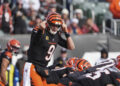 Cincinnati Bengals quarterback Joe Burrow (9) plays on a national stage against the Broncos on Saturday. (AP Photo/Joshua A. Bickel)