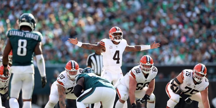 Deshaun Watson of the Cleveland Browns calls a play as they take on the Philadelphia Eagles in the fourth quarter at Lincoln Financial Field on October 13, 2024 in Philadelphia, Pennsylvania.