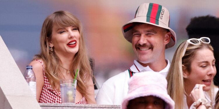 Taylor Swift and Travis Kelce are all smiles during the final day of the U.S. Open, Sept. 8, 2024.