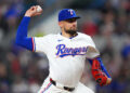 ARLINGTON, TEXAS - SEPTEMBER 17: Nathan Eovaldi #17 of the Texas Rangers pitches during the first inning against the Toronto Blue Jays at Globe Life Field on September 17, 2024 in Arlington, Texas. (Photo by Sam Hodde/Getty Images)