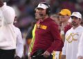 Southern California head coach Lincoln Riley yells to his team during the second half of an NCAA college football game against Nebraska, Saturday, Nov. 16, 2024, in Los Angeles. (AP Photo/Mark J. Terrill)