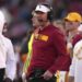 Southern California head coach Lincoln Riley yells to his team during the second half of an NCAA college football game against Nebraska, Saturday, Nov. 16, 2024, in Los Angeles. (AP Photo/Mark J. Terrill)