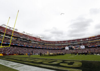 LANDOVER, MARYLAND - NOVEMBER 06: A general view of the pregame flyover prior to the game between the Minnesota Vikings and the Washington Commanders at FedExField on November 06, 2022 in Landover, Maryland. (Photo by Todd Olszewski/Getty Images)