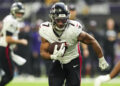 MINNEAPOLIS, MINNESOTA - DECEMBER 8: Running back Bijan Robinson #7 of the Atlanta Falcons carries the ball during the first half of an NFL football game against the Minnesota Vikings, at U.S. Bank Stadium on December 8, 2024 in Minneapolis, Minnesota. (Photo by Todd Rosenberg/Getty Images)