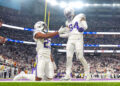 Dec 16, 2024; Minneapolis, Minnesota, USA; Minnesota Vikings cornerback Fabian Moreau (23) and linebacker Kamu Grugier-Hill (54) celebrate a play against the Chicago Bears in the fourth quarter at U.S. Bank Stadium. Mandatory Credit: Brad Rempel-Imagn Images