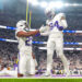 Dec 16, 2024; Minneapolis, Minnesota, USA; Minnesota Vikings cornerback Fabian Moreau (23) and linebacker Kamu Grugier-Hill (54) celebrate a play against the Chicago Bears in the fourth quarter at U.S. Bank Stadium. Mandatory Credit: Brad Rempel-Imagn Images