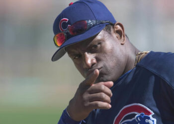 March 2004: Sammy Sosa of the Chicago Cubs during Spring Training in Mesa, AZ.  (Photo by Albert Dickson/Sporting News via Getty Images via Getty Images)