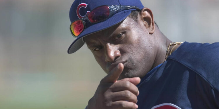 March 2004: Sammy Sosa of the Chicago Cubs during Spring Training in Mesa, AZ.  (Photo by Albert Dickson/Sporting News via Getty Images via Getty Images)