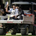 Las Vegas Raiders quarterback Aidan O'Connell left Sunday's game with air cast on his left leg. (AP Photo/Chris O'Meara)