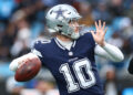 CHARLOTTE, NORTH CAROLINA - DECEMBER 15: Cooper Rush #10 of the Dallas Cowboys attempts a pass during the second half of the game against the Carolina Panthers at Bank of America Stadium on December 15, 2024 in Charlotte, North Carolina. (Photo by Jared C. Tilton/Getty Images)