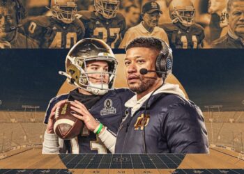 Notre Dame, led by quarterback Riley Leonard (left) and head coach Marcus Freeman, are just three wins from a national championship.