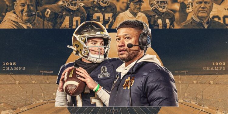 Notre Dame, led by quarterback Riley Leonard (left) and head coach Marcus Freeman, are just three wins from a national championship.