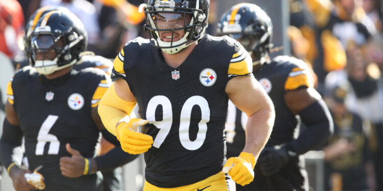 Dec 8, 2024; Pittsburgh, Pennsylvania, USA;  Pittsburgh Steelers linebacker T.J. Watt (90) takes the field against  the Cleveland Browns at Acrisure Stadium. Mandatory Credit: Charles LeClaire-Imagn Images