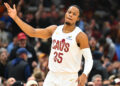 CLEVELAND, OHIO - NOVEMBER 27: Isaac Okoro #35 of the Cleveland Cavaliers celebrates during the first quarter against the Atlanta Hawks at Rocket Mortgage Fieldhouse on November 27, 2024 in Cleveland, Ohio. NOTE TO USER: User expressly acknowledges and agrees that, by downloading and or using this photograph, User is consenting to the terms and conditions of the Getty Images License Agreement. (Photo by Jason Miller/Getty Images)