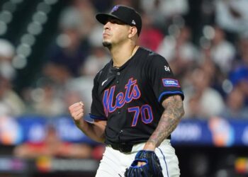 New York Mets pitcher Jose Butto (70) reacts to getting the third out during the eighth inning against the Washington Nationals at Citi Field.