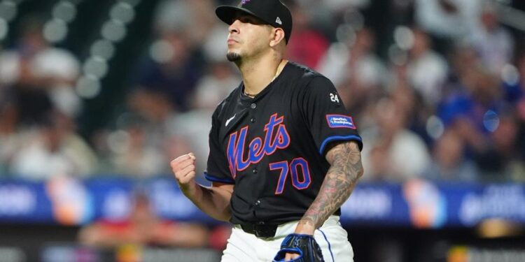 New York Mets pitcher Jose Butto (70) reacts to getting the third out during the eighth inning against the Washington Nationals at Citi Field.