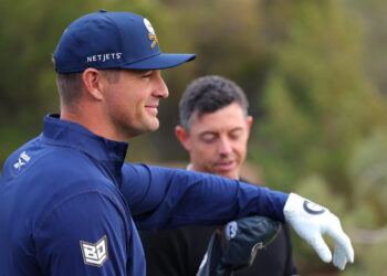 LAS VEGAS, NEVADA - DECEMBER 16: Bryson DeChambeau of LIV Golf looks on before The Showdown: McIlroy and Scheffler v DeChambeau and Koepka at Shadow Creek Golf Course on December 16, 2024 in Las Vegas, Nevada. (Photo by Kevin C. Cox/Getty Images for The Showdown)