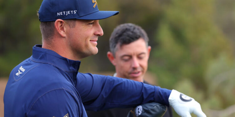 LAS VEGAS, NEVADA - DECEMBER 16: Bryson DeChambeau of LIV Golf looks on before The Showdown: McIlroy and Scheffler v DeChambeau and Koepka at Shadow Creek Golf Course on December 16, 2024 in Las Vegas, Nevada. (Photo by Kevin C. Cox/Getty Images for The Showdown)