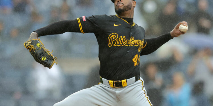 Sep 28, 2024; Bronx, New York, USA; Pittsburgh Pirates relief pitcher Aroldis Chapman (45) pitches against the New York Yankees during the ninth inning at Yankee Stadium. Mandatory Credit: Brad Penner-Imagn Images