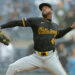 Sep 28, 2024; Bronx, New York, USA; Pittsburgh Pirates relief pitcher Aroldis Chapman (45) pitches against the New York Yankees during the ninth inning at Yankee Stadium. Mandatory Credit: Brad Penner-Imagn Images