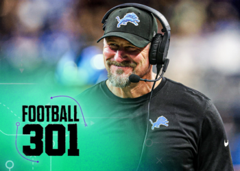 DETROIT, MICHIGAN - DECEMBER 15: Head coach Dan Campbell of the Detroit Lions looks on in the fourth quarter of a game against the Buffalo Bills at Ford Field on December 15, 2024 in Detroit, Michigan. (Photo by Mike Mulholland/Getty Images)