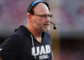 FAYETTEVILLE, ARKANSAS - SEPTEMBER 14: Head Coach Trent Dilfer of the UAB Blazers during a game against the Arkansas Razorbacks at Donald W. Reynolds Razorback Stadium on September 14, 2024 in Fayetteville, Arkansas. The Razorbacks defeated the Blazers 37-27.  (Photo by Wesley Hitt/Getty Images)