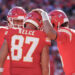 Nov 10, 2024; Kansas City, Missouri, USA; Kansas City Chiefs tight end Travis Kelce (87) celebrates with quarterback Patrick Mahomes (15) after scoring against the Denver Broncos during the game at GEHA Field at Arrowhead Stadium. Mandatory Credit: Denny Medley-Imagn Images