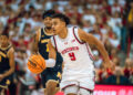 Wisconsin Badgers guard John Tonje #9 goes on a fast break against the Michigan Wolverines at the Kohl Center in Madison, Wisconsin, on December 3, 2024. (Photo by Ross Harried/NurPhoto via Getty Images)