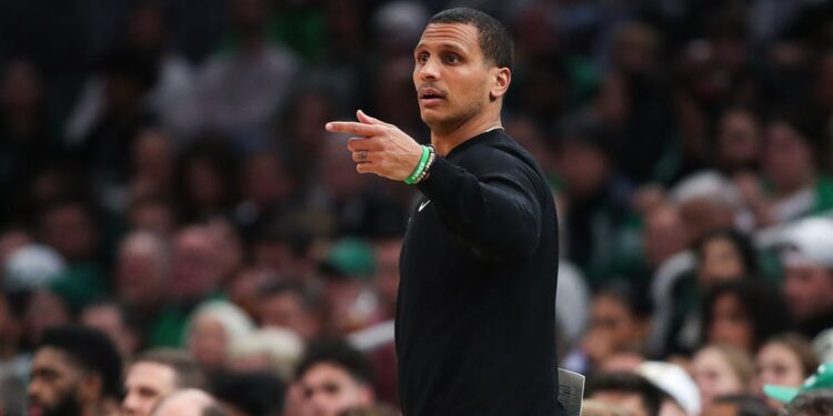 Joe Mazzulla reacts during a game