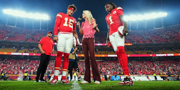 Patrick Mahomes and Xavier Worthy during interview