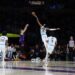 San Antonio Spurs center Victor Wembanyama (1) blocks a 3-point basket-attempt by Los Angeles Lakers guard Dalton Knecht, third from front left, during the first quarter of an NBA basketball game Monday, Jan. 13, 2025, in Los Angeles. (AP Photo/Kevork Djansezian)