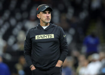 NEW ORLEANS, LOUISIANA - OCTOBER 17: Head coach Dennis Allen of the halftime reacts against the Denver Broncos during a game at Caesars Superdome on October 17, 2024 in New Orleans, Louisiana. (Photo by Jonathan Bachman/Getty Images)