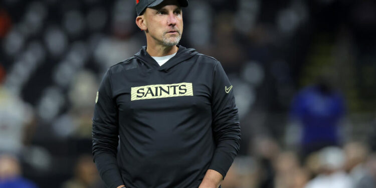 NEW ORLEANS, LOUISIANA - OCTOBER 17: Head coach Dennis Allen of the halftime reacts against the Denver Broncos during a game at Caesars Superdome on October 17, 2024 in New Orleans, Louisiana. (Photo by Jonathan Bachman/Getty Images)