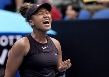 Naomi Osaka of Japan reacts after winning a point against Karolina Muchova of the Czech Republic during their second round match at the Australian Open tennis championship in Melbourne, Australia, Wednesday, Jan. 15, 2025. (AP Photo/Asanka Brendon Ratnayake)