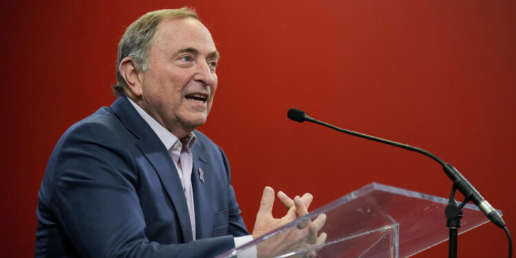 OTTAWA, Canada - NOVEMBER 19: NHL Commissioner Gary Bettman speaks during a media availability prior to a game between the Ottawa Senators and the Edmonton Oilers at Canadian Tire Centre on November 19, 2024 in Ottawa, Ontario, Canada. (Photo by Chris Tanouye/Freestyle Photography/Getty Images)