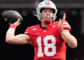 Aug 31, 2024; Columbus, OH, USA; Ohio State Buckeyes quarterback Will Howard (18) throws during the NCAA football game against the Akron Zips at Ohio Stadium. Ohio State won 52-6.. PHOTO USA TODAY SPORTS IMAGES