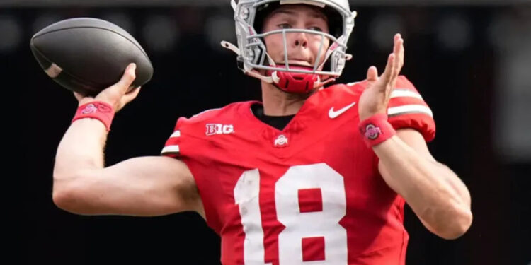 Aug 31, 2024; Columbus, OH, USA; Ohio State Buckeyes quarterback Will Howard (18) throws during the NCAA football game against the Akron Zips at Ohio Stadium. Ohio State won 52-6.. PHOTO USA TODAY SPORTS IMAGES