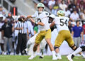 Aug 31, 2024; College Station, Texas, USA; Notre Dame Fighting Irish quarterback Riley Leonard (13) attempts to pass the ball during the first quarter against the Texas A&amp;M Aggies at Kyle Field. Mandatory Credit: Maria Lysaker-Imagn Images