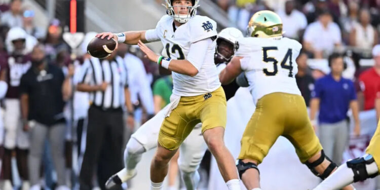 Aug 31, 2024; College Station, Texas, USA; Notre Dame Fighting Irish quarterback Riley Leonard (13) attempts to pass the ball during the first quarter against the Texas A&amp;M Aggies at Kyle Field. Mandatory Credit: Maria Lysaker-Imagn Images