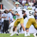 Aug 31, 2024; College Station, Texas, USA; Notre Dame Fighting Irish quarterback Riley Leonard (13) attempts to pass the ball during the first quarter against the Texas A&amp;M Aggies at Kyle Field. Mandatory Credit: Maria Lysaker-Imagn Images