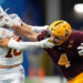 Jan 1, 2025; Atlanta, GA, USA; Arizona State Sun Devils running back Cam Skattebo (4) and Texas Longhorns defensive back Michael Taaffe (16) push each other during the second half of the Peach Bowl at Mercedes-Benz Stadium. Mandatory Credit: Dale Zanine-Imagn Images