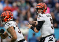 Cincinnati Bengals quarterback Joe Burrow (9) sets up to throw a pass during the first quarter at Nissan Stadium in Nashville, Tenn., Sunday, Dec. 15, 2024. PHOTO USA TODAY SPORTS IMAGES