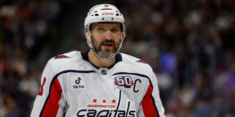 Nov 15, 2024; Denver, Colorado, USA; Washington Capitals left wing Alex Ovechkin (8) in the first period against the Colorado Avalanche at Ball Arena. Mandatory Credit: Isaiah J. Downing-Imagn Images