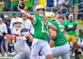 Sep 28, 2024; South Bend, Indiana, USA; Notre Dame Fighting Irish quarterback Riley Leonard (13) throws a pass for a touchdown against the Louisville Cardinals in the first quarter at Notre Dame Stadium. Mandatory Credit: Matt Cashore-Imagn Images