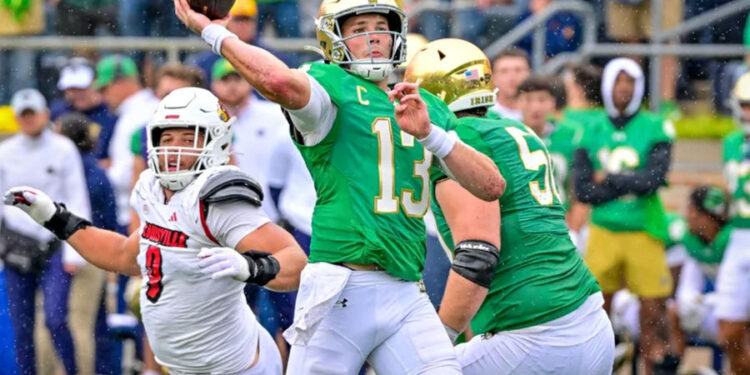 Sep 28, 2024; South Bend, Indiana, USA; Notre Dame Fighting Irish quarterback Riley Leonard (13) throws a pass for a touchdown against the Louisville Cardinals in the first quarter at Notre Dame Stadium. Mandatory Credit: Matt Cashore-Imagn Images